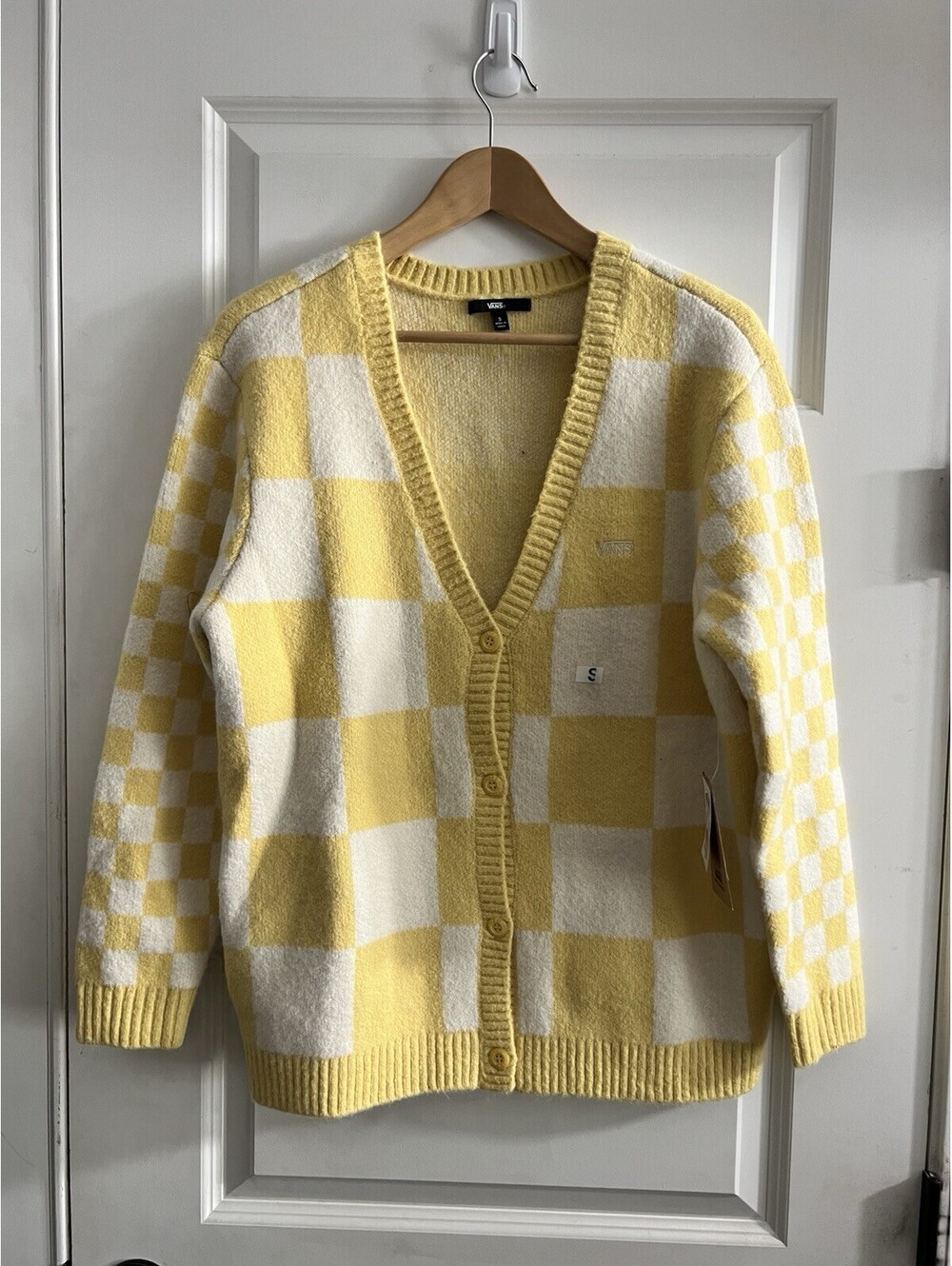 Vans Cardigan Sweater Women S Yellow White Checkered V Neck Button Knit Fuzzy
